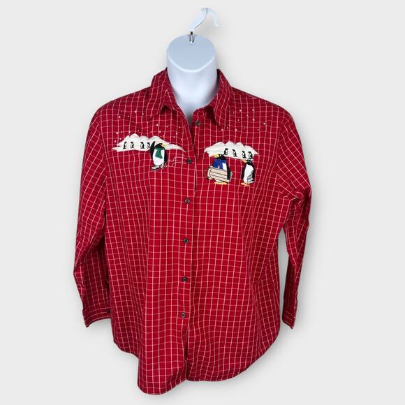 Vintage Karen Scott Red Plaid Holiday Winter Blouse Embroidered Penquins XL - Picture 1 of 6